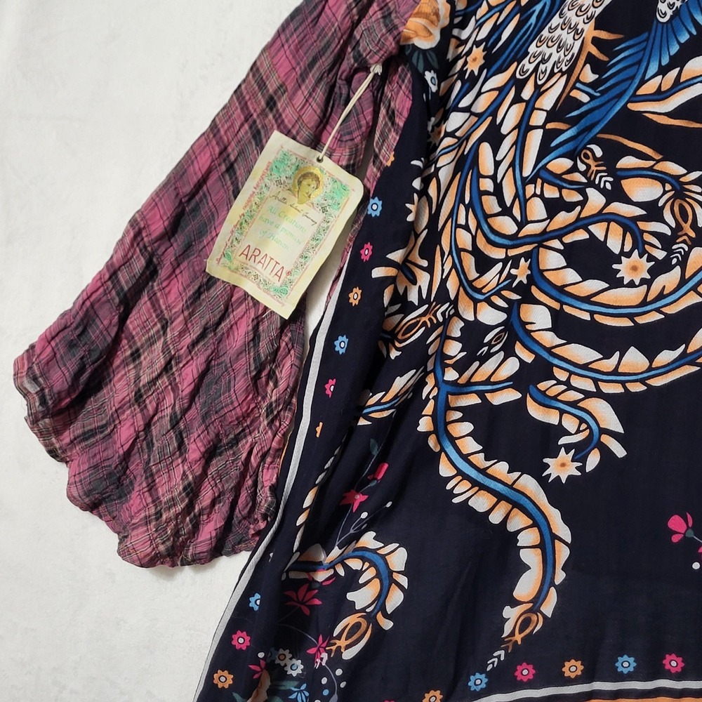 Aratta Shirt Womens Large Pink Plaid Bird Floral Boho Tunic Bell Sleeve Top - Picture 4 of 14